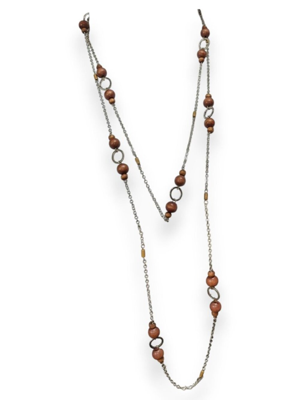 Boho Organic Wood Brown Silver Tone Long Single Strand Necklace 60 Inch